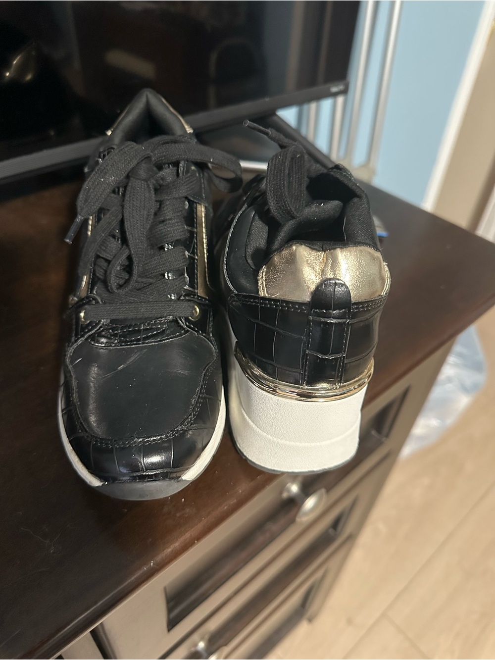 Aldo Black Platform Sneakers with Gold Accents